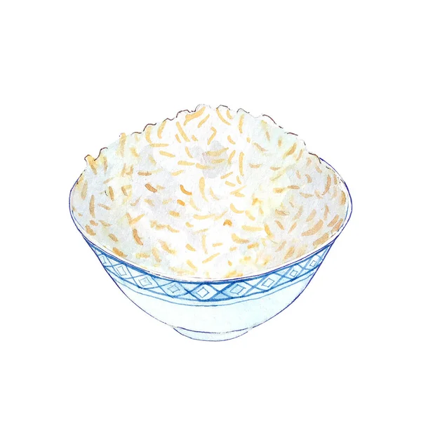 Watercolor Bowl Rice Isolated White Background Hand Drawn Bowl Tasty — Foto Stock