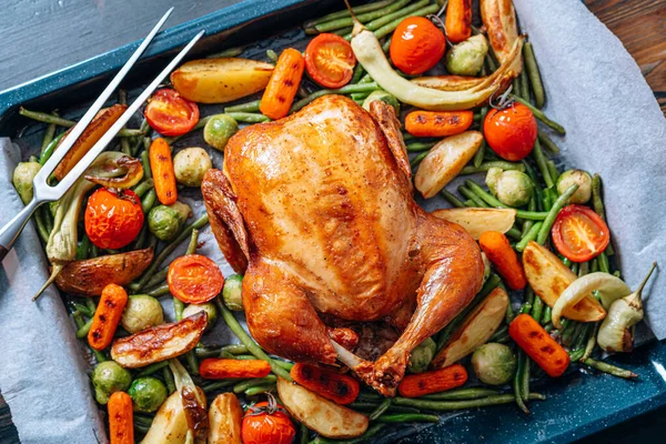 Sulu ve iştah açıcı sebzeli fırında tavuk.