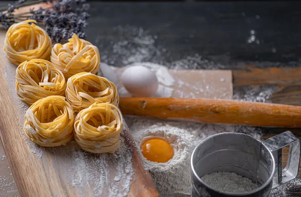 Homemade Fettuccine Pasta Folded Shape Nest Home Cooking Ingredients Homemade — Stock Photo, Image