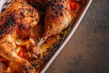 Kızarmış hindi budu, baharat ve tuzla ovulmuş, portakallar, limonlar, sarımsak, biberiye, kekik ve zeytinyağı ile pişirilmiş. İki kişilik sağlıklı ve lezzetli bir akşam yemeği konsepti.