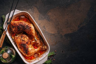 Kızarmış hindi budu, baharat ve tuzla ovulmuş, portakallar, limonlar, sarımsak, biberiye, kekik ve zeytinyağı ile pişirilmiş. İki kişilik sağlıklı ve lezzetli bir akşam yemeği konsepti.