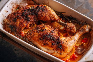 Kızarmış hindi budu, baharat ve tuzla ovulmuş, portakallar, limonlar, sarımsak, biberiye, kekik ve zeytinyağı ile pişirilmiş. İki kişilik sağlıklı ve lezzetli bir akşam yemeği konsepti.