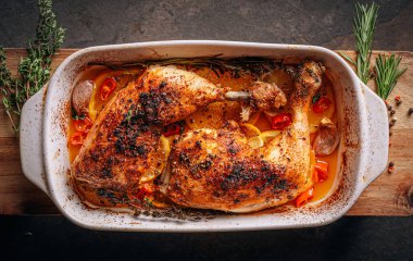 Kızarmış hindi budu, baharat ve tuzla ovulmuş, portakallar, limonlar, sarımsak, biberiye, kekik ve zeytinyağı ile pişirilmiş. İki kişilik sağlıklı ve lezzetli bir akşam yemeği konsepti.