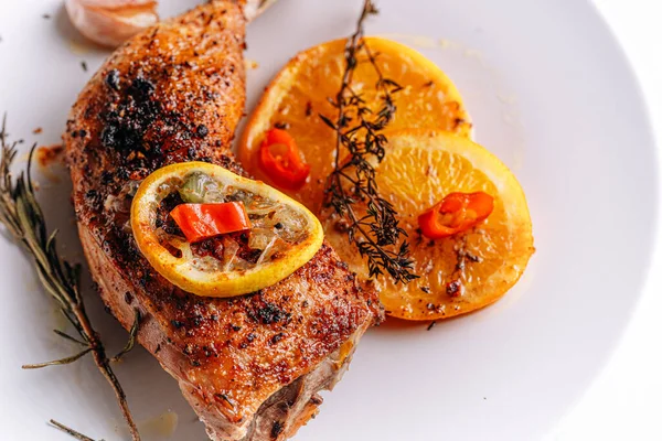 Roasted Fried Turkey Duck Thighs Rubbed Spices Salt Baking Sheet — Stock Photo, Image