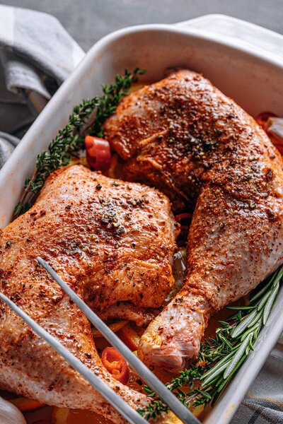 Raw Turkey Chicken Thighs Rubbed Spices Salt Baking Sheet Oranges Stock Image