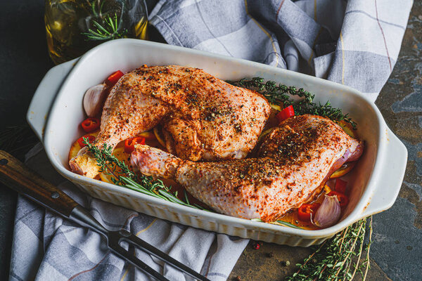 Raw Turkey Chicken Thighs Rubbed Spices Salt Baking Sheet Oranges Royalty Free Stock Images