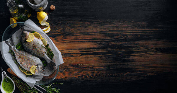 Concept Delicious Dinner Two Dorado Raw Baked Dorado Fish Asparagus Royalty Free Stock Images