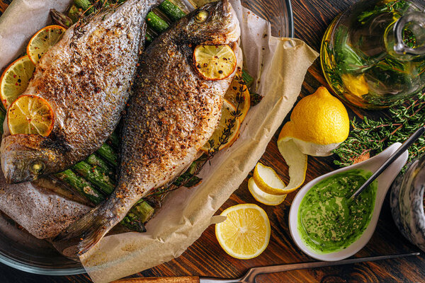 Concept Delicious Dinner Two Dorado Baked Dorado Fish Asparagus Lemon Stock Picture