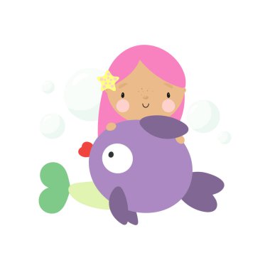   Çizgi film tarzında balıklı şirin bir denizkızı. Çocuk eşyaları, kartlar, posterler, afişler, kitaplar, paketin üzerindeki baskılar, giysiler, kumaşlar, duvar kağıtları, tekstil veya tabaklar için. Vektör illüstrasyonu.