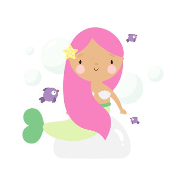   Çizgi film tarzında balıklı şirin bir denizkızı. Çocuk eşyaları, kartlar, posterler, afişler, kitaplar, paketin üzerindeki baskılar, giysiler, kumaşlar, duvar kağıtları, tekstil veya tabaklar için. Vektör illüstrasyonu.