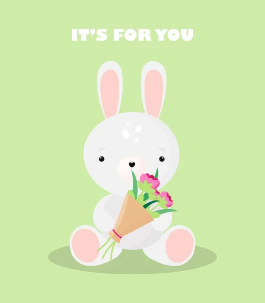Sevimli Tavşan Çiçek Buketi Yazıtlı Tebrik Kartı Kartpostal Senin Için — Stok Vektör