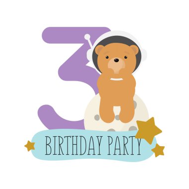 Doğum günü partisi, tebrik kartı, parti davetiyesi. Şirin Kozmik Ayı 'lı çocuk resimleri ve üç yazılıydı. Çizgi film tarzında vektör illüstrasyonu.