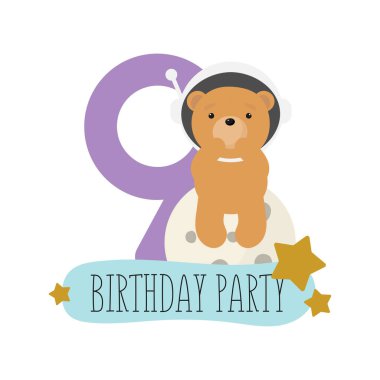 Doğum günü partisi, tebrik kartı, parti davetiyesi. Şirin Kozmik Ayı ve 9 yazısıyla çocuk resimleri. Çizgi film tarzında vektör illüstrasyonu.