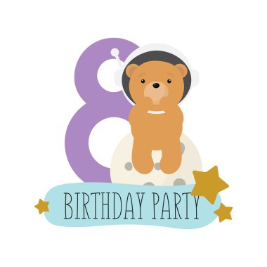 Doğum günü partisi, tebrik kartı, parti davetiyesi. Şirin Kozmik Ayı 'lı çocuk resimleri ve üzerinde sekiz yazılı yazı var. Çizgi film tarzında vektör illüstrasyonu.