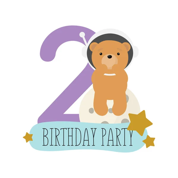 誕生日パーティー グリーティングカード パーティー招待状 かわいい宇宙熊と碑文2と子供のイラスト 漫画風のベクトルイラスト — ストックベクタ
