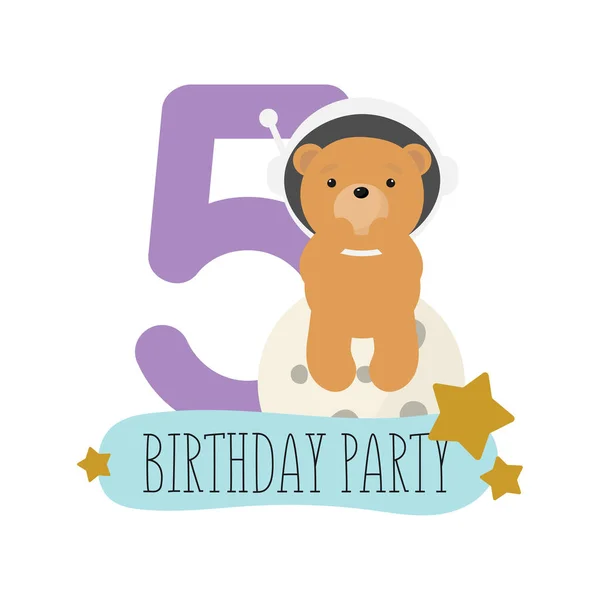 誕生日パーティー グリーティングカード パーティー招待状 かわいい宇宙熊と碑文5と子供のイラスト 漫画風のベクトルイラスト — ストックベクタ