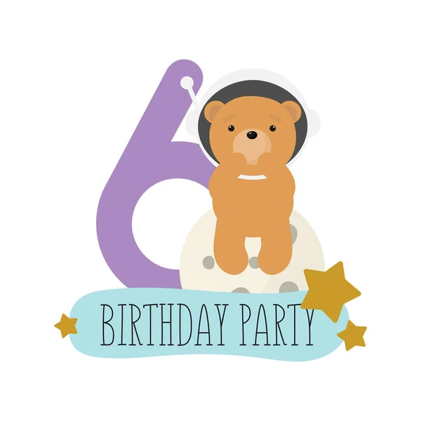 誕生日パーティー グリーティングカード パーティー招待状 かわいい宇宙熊と碑文6と子供のイラスト 漫画風のベクトルイラスト — ストックベクタ