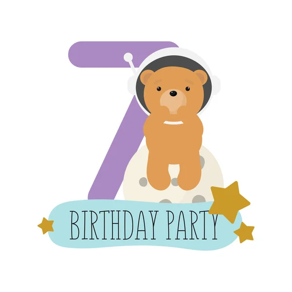 誕生日パーティー グリーティングカード パーティー招待状 かわいい宇宙熊と碑文7と子供のイラスト 漫画風のベクトルイラスト — ストックベクタ