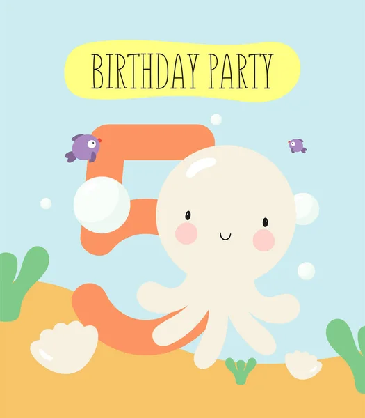 誕生日パーティー グリーティングカード パーティー招待状 かわいい赤ちゃんタコの文字と碑文5と子供のイラスト 漫画風のベクトルイラスト — ストックベクタ