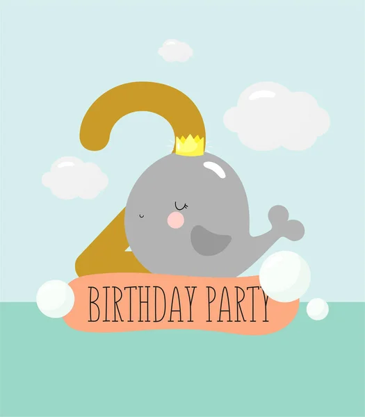 誕生日パーティー グリーティングカード パーティー招待状 碑文2とかわいい赤ちゃんクジラと子供のイラスト 漫画風のベクトルイラスト — ストックベクタ