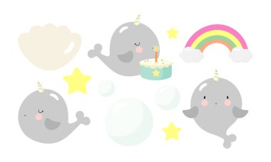 Tatlı bebek deniz gergedanı ya da balina boynuzlu at karakterleri. Pasta, balon, deniz yıldızı, gökkuşağı ve deniz kabuğu. Bebek partisi davetiyeleri, doğum günü kartları, çıkartmalar, parmak izleri vs. için iyidir..