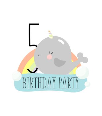 Doğum günü partisi, tebrik kartı, parti davetiyesi. Sevimli yavru deniz gergedanı ya da üzerinde beş yazılı balina boynuzlu atı olan çocuk resimleri. Çizgi film tarzında vektör illüstrasyonu.