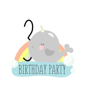 Doğum günü partisi, tebrik kartı, parti davetiyesi. Şirin yavru deniz gergedanı ya da üç yazılı balina tek boynuzlu at karakteri olan çocuk resimleri. Çizgi film tarzında vektör illüstrasyonu.