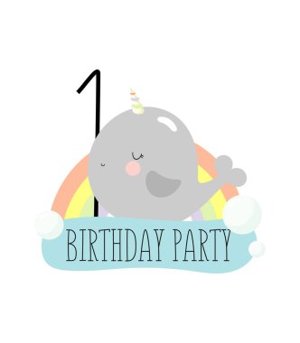 Doğum günü partisi, tebrik kartı, parti davetiyesi. Şirin yavru deniz gergedanı ya da üzerinde yazı olan tek boynuzlu bir balina karakteri olan çocuk resimleri. Çizgi film tarzında vektör illüstrasyonu.