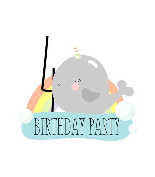 誕生日パーティー グリーティングカード パーティー招待状 碑文4とかわいい赤ちゃんのナールやクジラユニコーンの文字と子供のイラスト 漫画風のベクトルイラスト — ストックベクタ