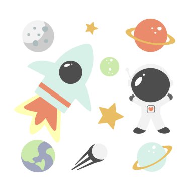   Kozmik set. Çizgi film tarzında beyaz arkaplanda izole edilmiş vektör illüstrasyonu. Kozmonot, gezegenler, uydu, uzay gemisi, yıldız.