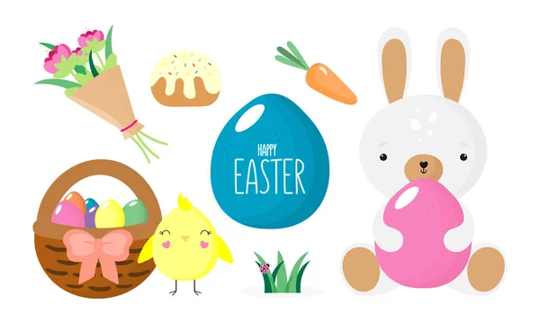 Yumurtalı Tavuklu Çiçekli Çimenli Pastalı Paskalya Tavşanlı Havuçlu Paskalya Seti — Stok Vektör