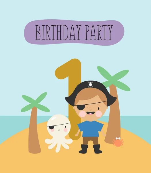 誕生日パーティー グリーティングカード パーティー招待状 小さな海賊と碑文1と子供のイラスト 漫画風のベクトルイラスト — ストックベクタ
