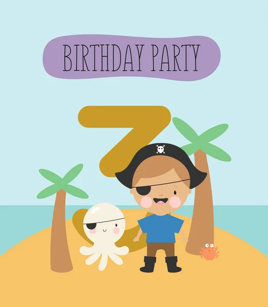 誕生日パーティー グリーティングカード パーティー招待状 小さな海賊と碑文3と子供のイラスト 漫画風のベクトルイラスト — ストックベクタ