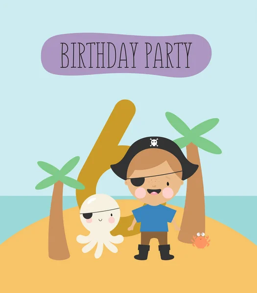 誕生日パーティー グリーティングカード パーティー招待状 小さな海賊と碑文6と子供のイラスト 漫画風のベクトルイラスト — ストックベクタ