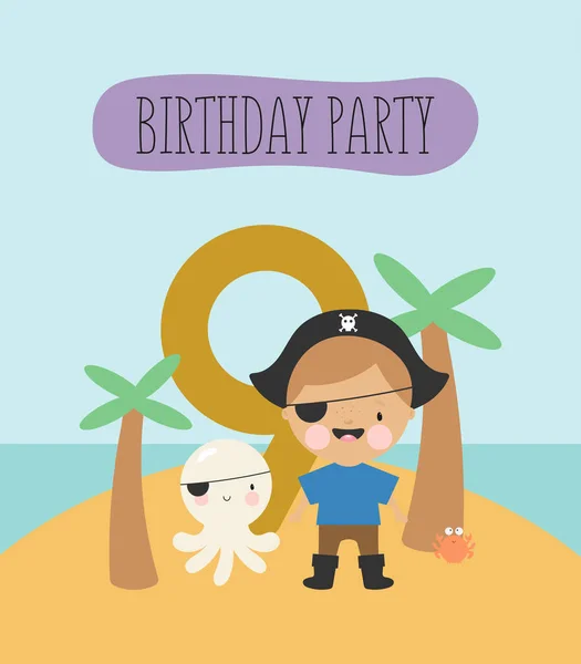 誕生日パーティー グリーティングカード パーティー招待状 小さな海賊と碑文9と子供のイラスト 漫画風のベクトルイラスト — ストックベクタ