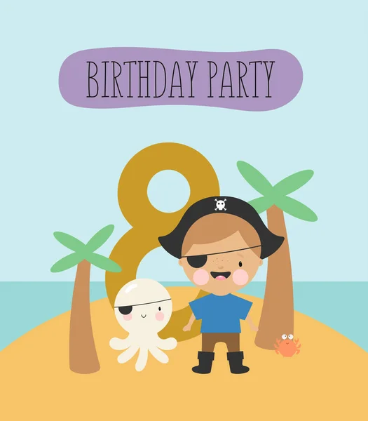 誕生日パーティー グリーティングカード パーティー招待状 小さな海賊と碑文8と子供のイラスト 漫画風のベクトルイラスト — ストックベクタ