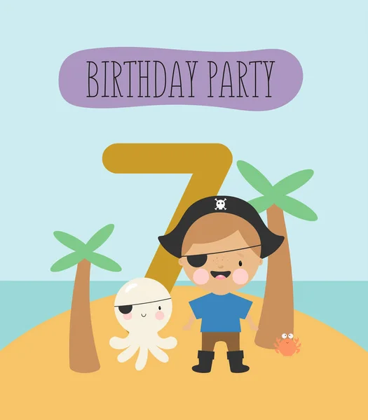 誕生日パーティー グリーティングカード パーティー招待状 小さな海賊と碑文7と子供のイラスト 漫画風のベクトルイラスト — ストックベクタ