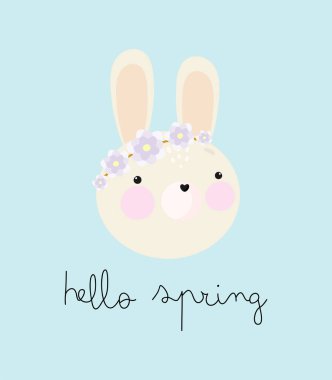   Kafasında çiçekler olan sevimli bir tavşan. Çizgi film tarzında vektör illüstrasyonu. Kart, posterler, afişler, kitaplar, paketin üzerindeki baskılar, giysiler, kumaş, duvar kağıdı, tekstil ya da tabaklar için.