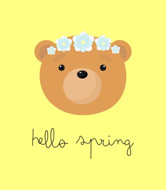 Kafasında çiçekler olan sevimli bir ayı. Çizgi film tarzında vektör illüstrasyonu. Kart, posterler, afişler, kitaplar, paketin üzerindeki baskılar, giysiler, kumaş, duvar kağıdı, tekstil ya da tabaklar için.