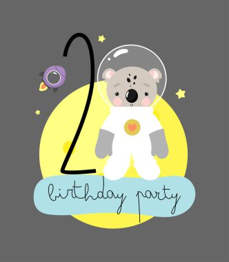 Doğum günü partisi, tebrik kartı, parti davetiyesi. Şirin Kozmonot Koala 'lı çocuk resimleri ve iki yazıtlı. Çizgi film tarzında vektör illüstrasyonu.