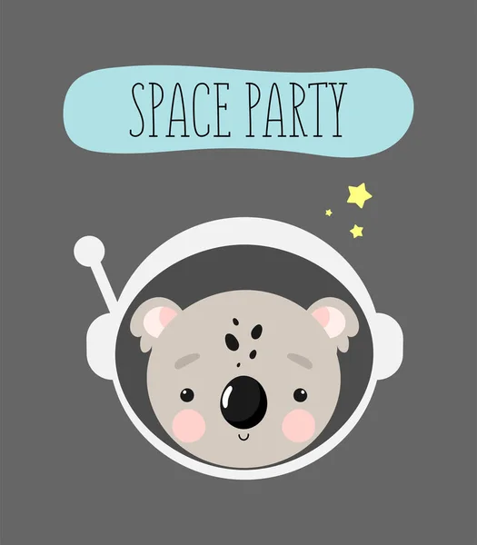誕生日パーティー グリーティングカード パーティー招待状 かわいい宇宙飛行士コアラと子供のイラスト 漫画風のベクトルイラスト 宇宙のテーマ — ストックベクタ