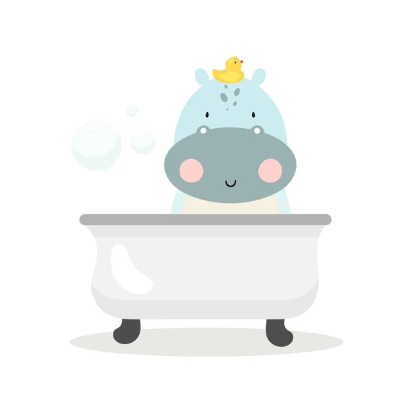 Banyoda Şirin Bir Hipopotam Var Çizgi Film Tarzı Beyaz Arkaplanda — Stok Vektör