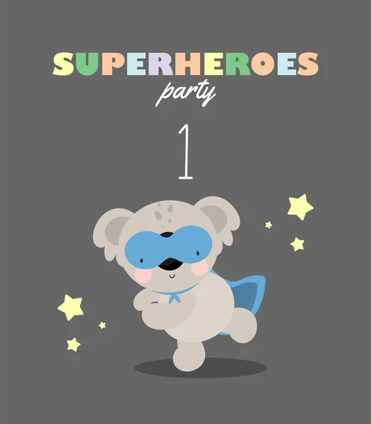 Geburtstagsparty Grußkarte Party Einladung Kinderillustration Mit Cute Koala Superhero Und lizenzfreie Stockvektoren