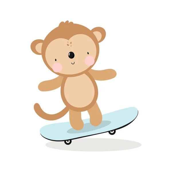 漫画のスタイルでスケートボード上のかわいい猿 白い背景のベクトルイラスト 子供のためのもの カード ポスター バナー 子供の本や服のための印刷 Tシャツ — ストックベクタ