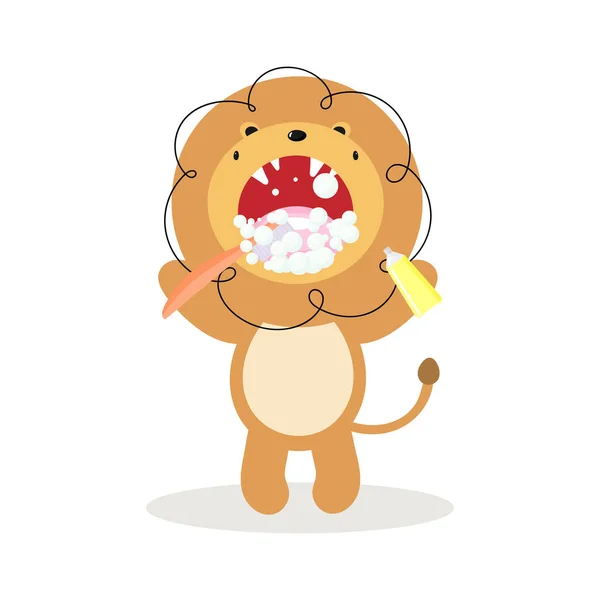 かわいいライオンは歯を磨く 小児歯科のための歯科コンセプト 漫画風のベクトルイラスト 子供のためのもの カード ポスター バナー 子供の本や服のための印刷 Tシャツ — ストックベクタ
