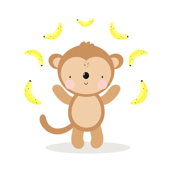漫画のスタイルでバナナとかわいい猿 白い背景のベクトルイラスト 子供のためのもの カード ポスター バナー 子供の本や服のための印刷 Tシャツ — ストックベクタ