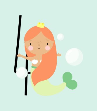 Doğum günü partisi, tebrik kartı, parti davetiyesi. Şirin Denizkızı ve dört numaralı yazıyla çocuk resimleri. Çizgi film tarzında vektör illüstrasyonu.