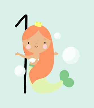 Doğum günü partisi, tebrik kartı, parti davetiyesi. Şirin Denizkızı 'yla çocuk resimleri ve bir de yazı. Çizgi film tarzında vektör illüstrasyonu.