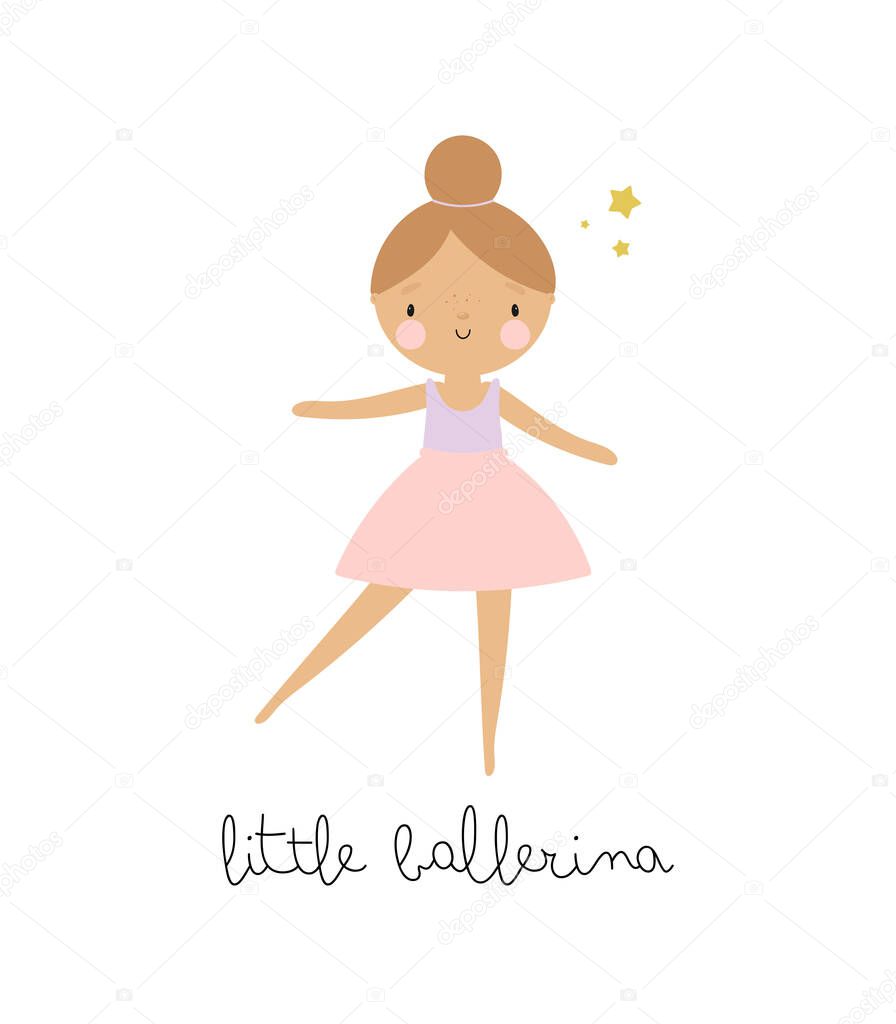 Kids illustration with Cute Little Ballerina. Vector illustration. For kids stuff, card, posters, banners, children books, printing on the pack, printing on clothes, wallpaper, textile or dishes.