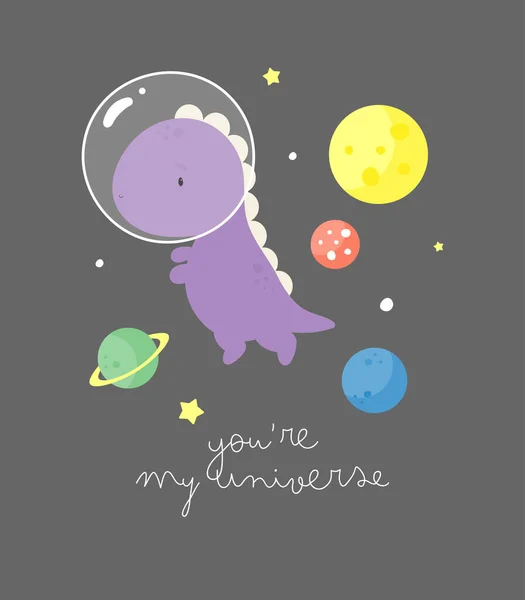 Leuke Dinosaurus Kosmonaut Planeten Voor Kinderen Spullen Kaart Posters Banners — Stockvector